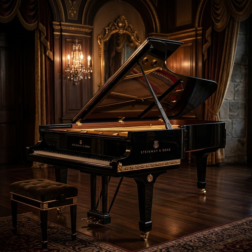 Grand piano sang trọng trong không gian hiện đại với ánh sáng ấm áp